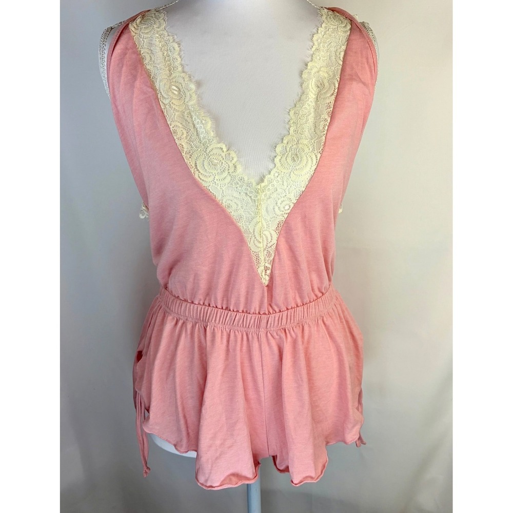 Mapalé Women S/M Rose Pink Lace Trim Sleep Romper Backless V-Neck Coquette Comfy